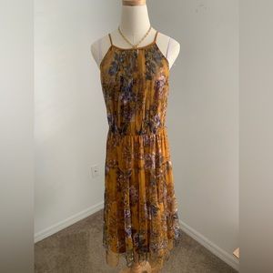 Fun floral summer dress! Gold with purple and blue flowers